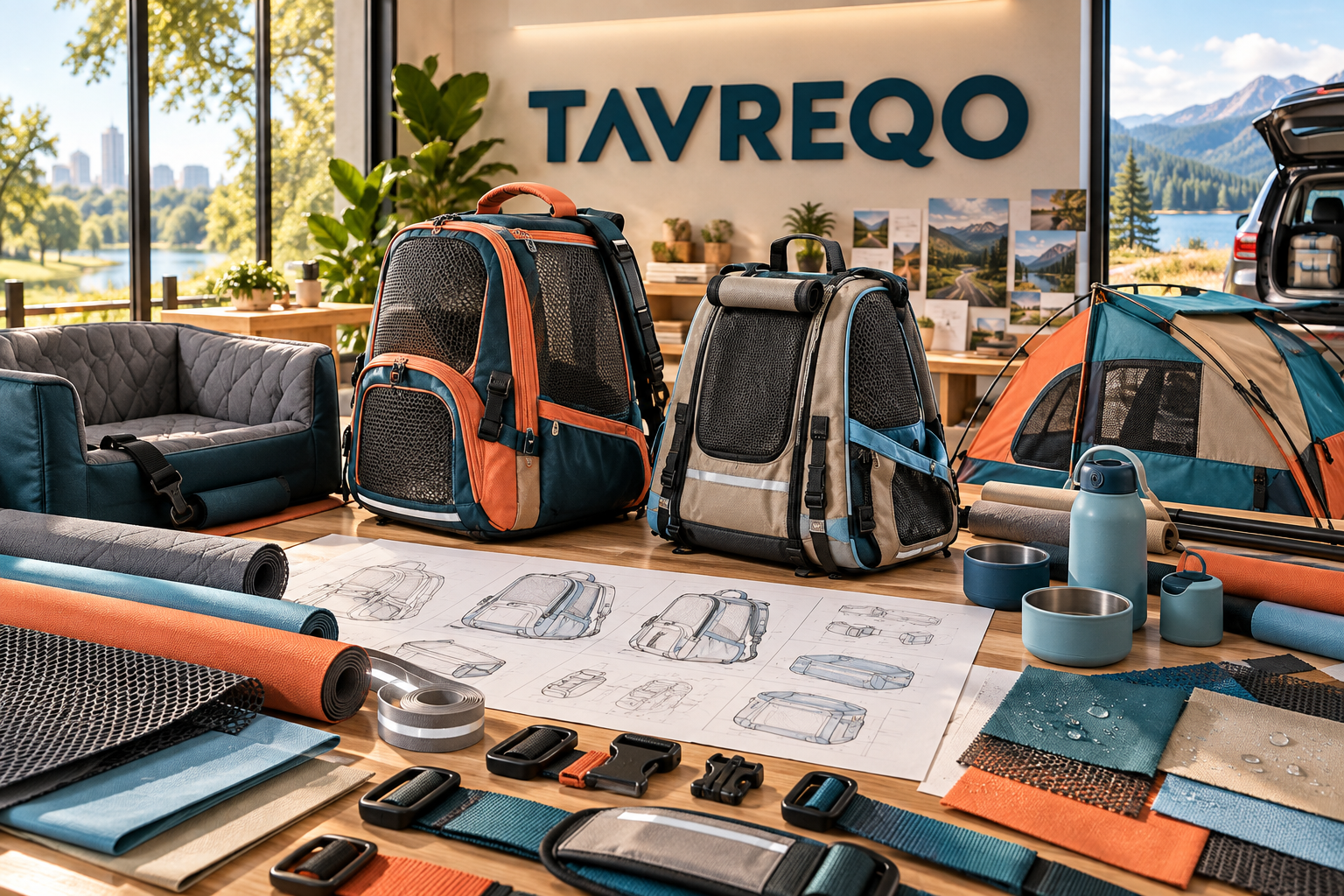 Tavreqo pet travel design studio with ventilated carrier prototypes, waterproof textiles, harness webbing and outdoor sketches